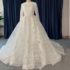 Elegante und schmeichel hafte Langarm Ballkleid Brautkleider mit Perlen Spitze appliziert