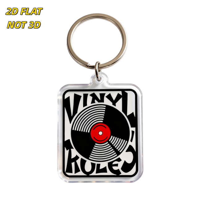 Vinyl Rules Acrylic Keychain Retro Record Design with Red Center & Bold Text, Clear Durable Charm, Music Lover Accessory