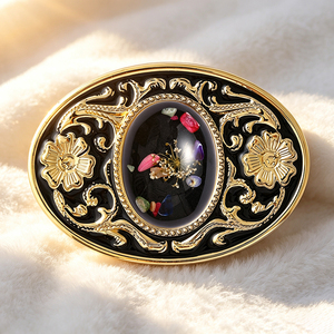 Boucle de ceinture vintage ovale en alliage, style western, avec motif floral doré et plaque incrustée de fleurs en résine - Product Image 1
