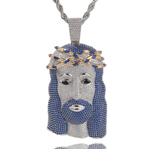 Collar de moda con colgante grande de Jesús de pelo azul, estilo Hip Hop, corona de espinas, amuleto religioso detallado, cadena, regalo, joyería para hombres y mujeres - Product Image 1