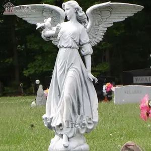 Roman Outdoor Garden Carving Natural Stone Marble Angel And Dove Statues Life Size