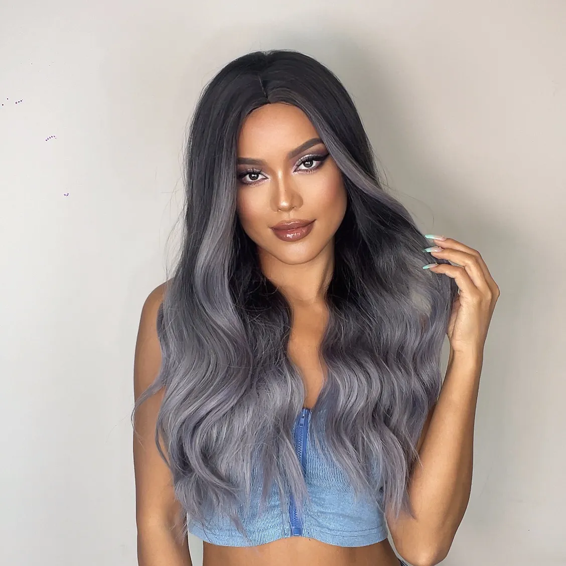 26 Inches Synthetic Wig Long Curly Gray Mixed Purple Ombre Color Natural Hairline Daily Elegant Lady Hair For White Women