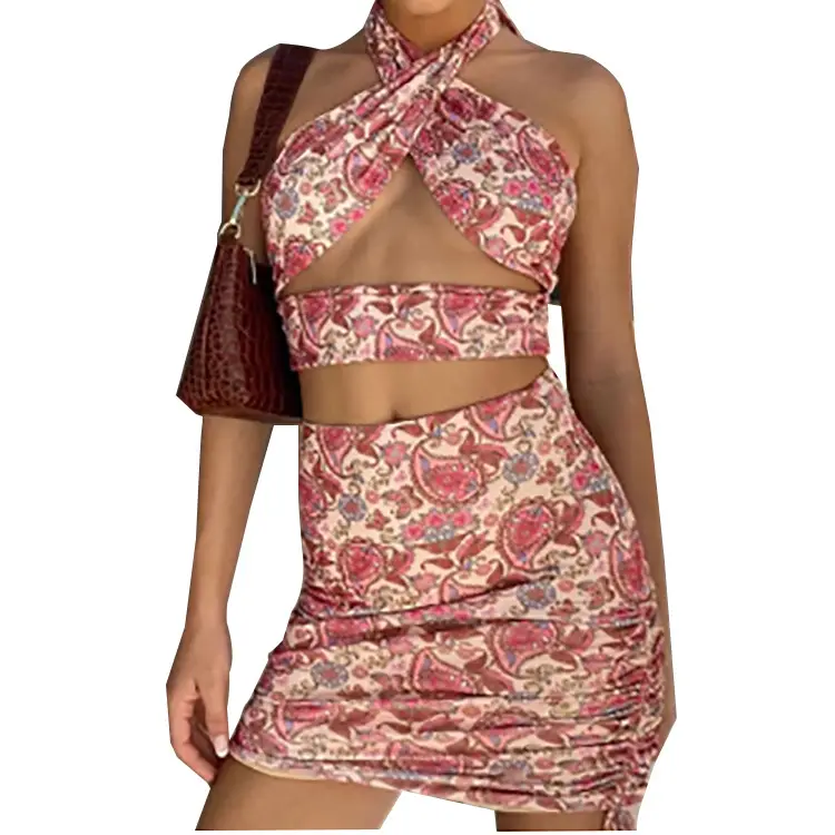 Hot Backless Chic Bandage Crop Top And Skirt Sexy 2 Piece Set Women Summer Pink Floral Printing Bandage Skirt Club Street Wear