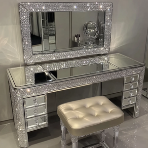 Modern Oak Wood <b>Vanity</b> Table with <b>Lighted</b> Adjustable Standing <b>Mirror</b> Cosmetic Set for Bedroom Living Room & Apartment - Product Image 3