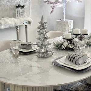 Mesa de Comedor Ovalada de Madera de Estilo Moderno Crema de 63 Pulgadas, Tablero de Piedra Sinterizada de 12 mm, Fácil de Limpiar, Ideal para 4-6 Personas - Product Image 3