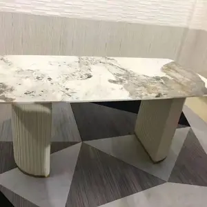 Modern luxe Italiaans design meubilair hoogglans roestvrijstalen metalen grote eettafel sets met rotsplaat blad - Product Image 1