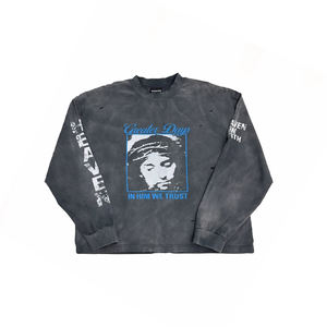 QYOURECLO, хлопковая негабаритная укороченная футболка большого размера с принтом экрана, с длинным рукавом, винтажная кислотная стирка, потертая Мужская футболка - Product Image 2