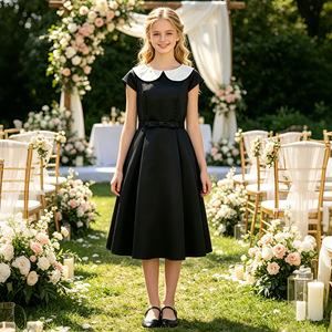 Abito Formale Vintage Nero a Maniche Corte <span class=keywords><strong>per</strong></span> Bambina, Vestito Midi con Colletto Bianco e Cintura <span class=keywords><strong>per</strong></span> Festa di Laurea, Esibizione di Pianoforte, Damigella d'Onore - Product Image 1