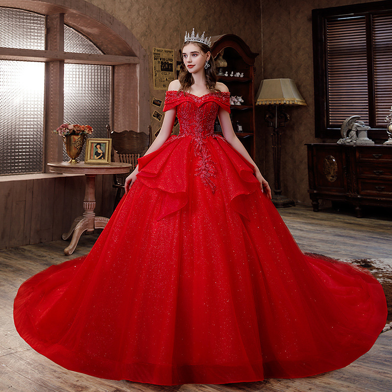 Magicmk Off The Shoulder Red Mesh Bead Beautiful Sexy Designer Plus Size Bridal Wedding Dresses