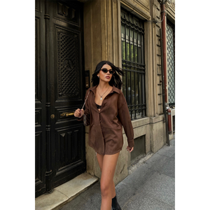 Chemise en daim marron pour femme, manches longues, style décontracté, chemisier simple - Product Image 5