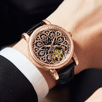 HANBORO Clarion Rose Collection Exquisément Sculpté Luxe Rose Saphir Montre Mécanique Automatique pour Homme Bracelet en Cuir