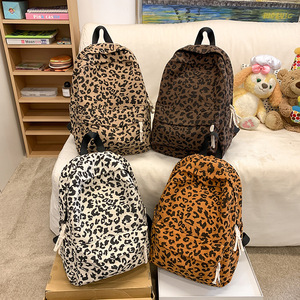 Large Capacity Corduroy Leopard <b>Backpack</b> for Teenagers Women's Korean Style School Travel Bag Waterproof Design - Product Image 1