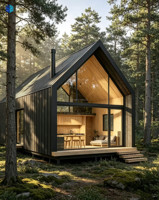 Maison modulaire préfabriquée en acier léger de style européen moderne avec de grands fenêtres en verre pour chalet de vacances en montagne