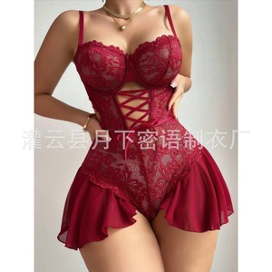 Lencería sexy transparente de encaje con efecto push-up, body ultra-sexy con aberturas, ropa interior femenina multicolor - Product Image 1