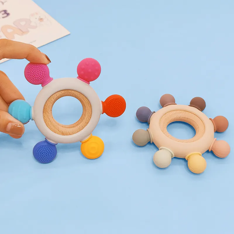 Wood Baby Teether Rattle WoodRing Baby Play Toys Rudder Ring Teethers Baby Wooden Teether