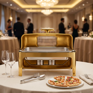 Plat de service rectangulaire élégant en acier inoxydable doré pour buffet, traiteur, banquet, hôtel, restaurant, mariage, événement, usage commercial - Product Image 1