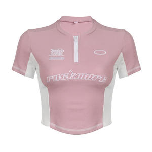 Streetwear pour femmes-Top court à ourlet irrégulier-T-shirt brodé style moto-Couleurs contrastées-Tops côtelés tricotés de course - Product Image 3