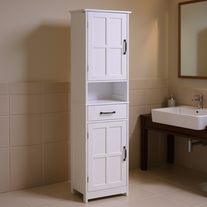 White Slim Tall Linen Tower Bathroom <b>Storage</b> Cabinet With <b>Open</b> Shelf Drawer Recessed Doors Adjustable Shelves Bathroom Furniture - Product Image 2