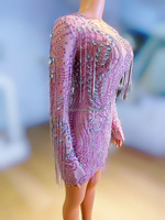 Rose Danse Plein Diamant Serré Sexy Maille Wrap Hanche Jupe Courte Chanteur Danse Équipe Discothèque Bar Performance Costume