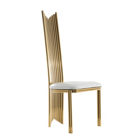 Chaise d'événement contemporaine en acier inoxydable, dossier plein, durable, au design moderne et pieds sabre, pour usage commercial et hôtelier