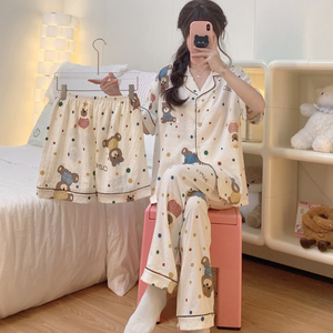 <span class=keywords><strong>Pigiama</strong></span> in Cotone con Motivo Orsacchiotto e Nuvole, Set Tre Pezzi a Maniche Corte per Donna, Abbigliamento Casual Primaverile ed Estivo per Casa, Vendita all'Ingrosso - Product Image 6