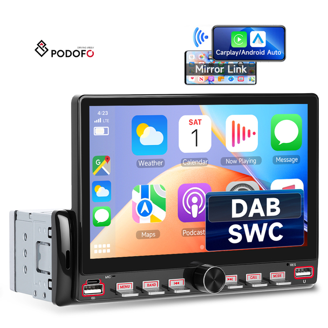 Podofo 7'' 1Din Car Stereo HD MP5 Car Multimedia Player Supports DAB/FM/AM/RDS Wireless Carplay/Android Auto Colour-Keyed OEM