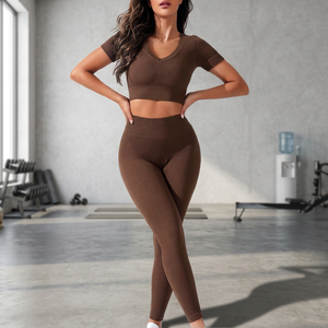 <b>Brown</b> Ribbed V-Neck Short Sleeve Crop Top High Waist Full Length <b>Leggings</b> 2 Piece Yoga Set - Product Image 3