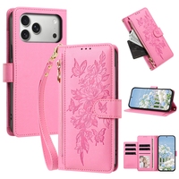 Étui portefeuille en cuir à motif floral avec porte-cartes multiples et cordon, fermeture éclair, motif papillon, pour iPhone 17 Air, 17E, 16E, 16 Plus, 15, 14 PRO MAX