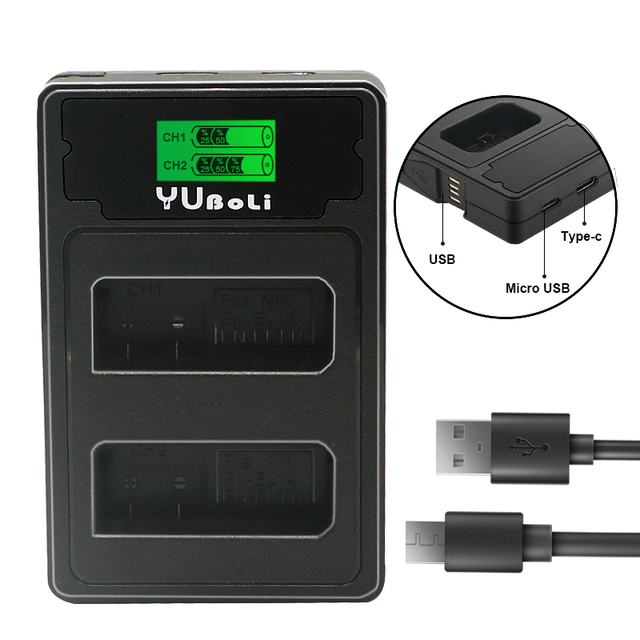 YUBOLi EN-EL14 EN-EL14A LCD USB Dual Charger Portable Camera Battery Charger for Nikon D90 D300 D5300 D5200 D5100 D3300