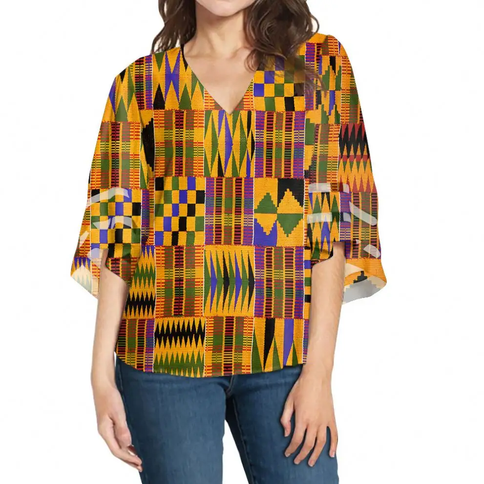 Dropshipping Afrikaanse Tribal Stijl Print Dames Blouses & Top Custom Uw Ideeën Fashion V-hals Elleboog Mouw Vrouwen Chiffon Overhemd