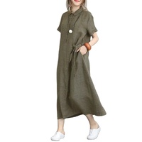 Nouvelle Robe Décontractée d'Été pour Femme en Coton et Lin, Coupe Trapèze, Manches Courtes, Col Revers, Style Chemise à Nouer, Grande Taille, Longue et Ample, Fourniture ODM