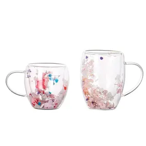 Flowers Double Glass Cup Double Wall Clear Glass Coffee Mugs Creative Clear Glass Cups With Handle For Cappuccino Latte