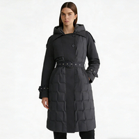 Manteau long noir en duvet avec capuche amovible, double boutonnage, ceinture, doudoune d'hiver pour femme, prix d'usine