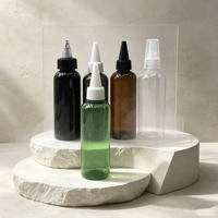 Bouteille vide en plastique pour huile capillaire, forme cylindrique, avec applicateur à pression, embout fin givré et bouchon torsadé, personnalisable avec logo, vente en gros