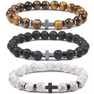 Bracelet en pierres naturelles JD Wholesale, perles croisées, turquoise, pierre de <span class=keywords><strong>lave</strong></span>, œil de tigre, bijoux de protection religieux pour cadeaux - Product Image 1