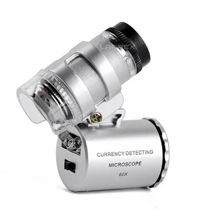 Mini microscopio portátil con mango de mano educativo de 60 aumentos, lupa de bolsillo con luz Led UV