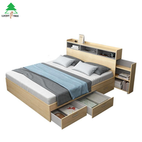 Lit Double en bois au design moderne, tiroirs de rangement, couvre-tête en tissu, lit en bois, collection