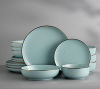 Service de table en porcelaine LOMATO Luxury Classic Turquoise Dot Speckle avec bordure dorée, assiettes plates mates, bols à soupe, respectueux de l'environnement