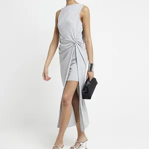 Mới nhất thiết kế Dresses cho phụ nữ bán buôn Casual không tay Jersey grey cowl trở lại Bodycon Midi Dress