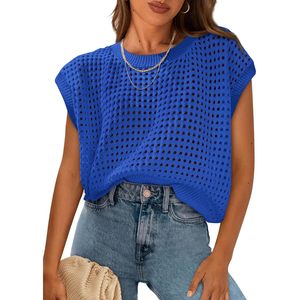 Suéter de Mujer con Mangas Cortas de Crochet, Transpirable, Cuello Redondo, Top de Verano Informal para la Playa o Vacaciones - Product Image 1