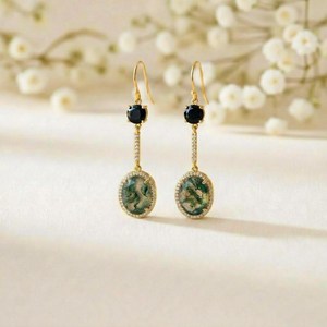 Green Moss Agate Black Obsidian Gemstone <b>Earrings</b> Featuring Oval Dangle Style in 925 Sterling <b>Silver</b> or 18K Gold Filled - Product Image 4