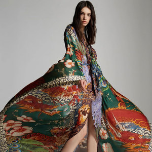 Print Strand Maxi Jurk Met Riem Tuniek Vakantie Gewaad Vrouwen <span class=keywords><strong>Bikini</strong></span> Cover Ups Sexy Strandkleding Lange Jurk - Product Image 1