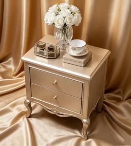 Luxury Champagne Gold Solid Wood Nightstand,2 Drawer Carved Curved Leg Bedside Cabinet for French Royal Bedroom <b>Night</b> <b>Stand</b> - Product Image 3