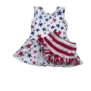 Lz2022 conjunto de roupas para meninas, conjunto de 2 peças para bebês, meninas, dia patriótico, túnica, boxer listrado