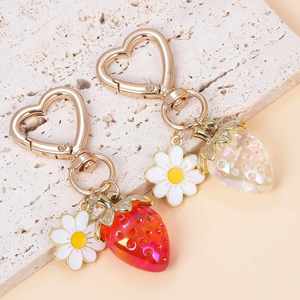 Cute 3d Strawberry Keychain Design Heart Flower Fruit <b>Key</b> <b>Ring</b> Bag for Girl's Gift Purse Charm Jewelry Decor Accessories - Product Image 1