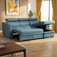 Sofá Cama Extraíble de Cuero Azul con Espacio de Almacenamiento, Sofá Cama Convertible Moderno de 3 Plazas para Sala de Estar, Muebles de Apartamento