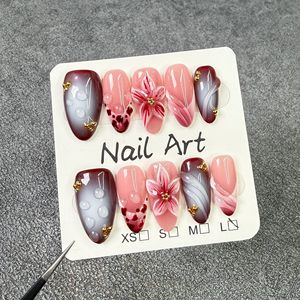 TSZS 10 <span class=keywords><strong>Uñas</strong></span> Acrílicas Medianas en Forma <span class=keywords><strong>de</strong></span> Almendra, Hechas a Mano, con Flores 3D, Gotas <span class=keywords><strong>de</strong></span> Agua y Diamantes <span class=keywords><strong>de</strong></span> Imitación, Pintadas a Mano, Desmontables - Product Image 1