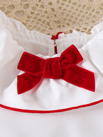 Robe blanche et rouge pour bébés filles, col à grand revers, nœud en velours, manches longues, jupe plissée trapèze, tenue de fête et d'anniversaire pour tout-petits