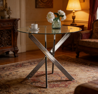 Table à manger moderne et élégante avec plateau en verre trempé rond et pieds croisés chromés pour la maison, le salon, la cuisine, l'hôtel