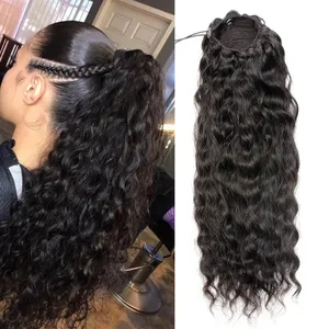 Water Wave Drawstring Ponytail Human Hair With Afro Clip In Extensions 2 Combs Natural Wavy Ponytail